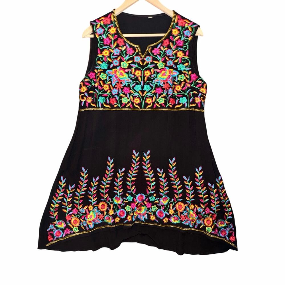 Black heavily embroidered floral resort dress short sleeveless boho beach XXL